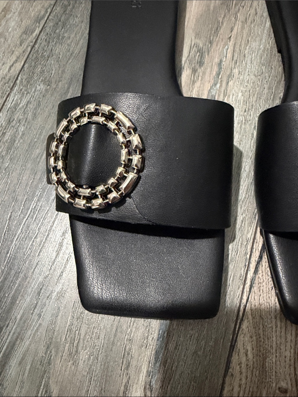 Women's Black Slide Mules with Silver Decorative Ring - Picture 2 of 5